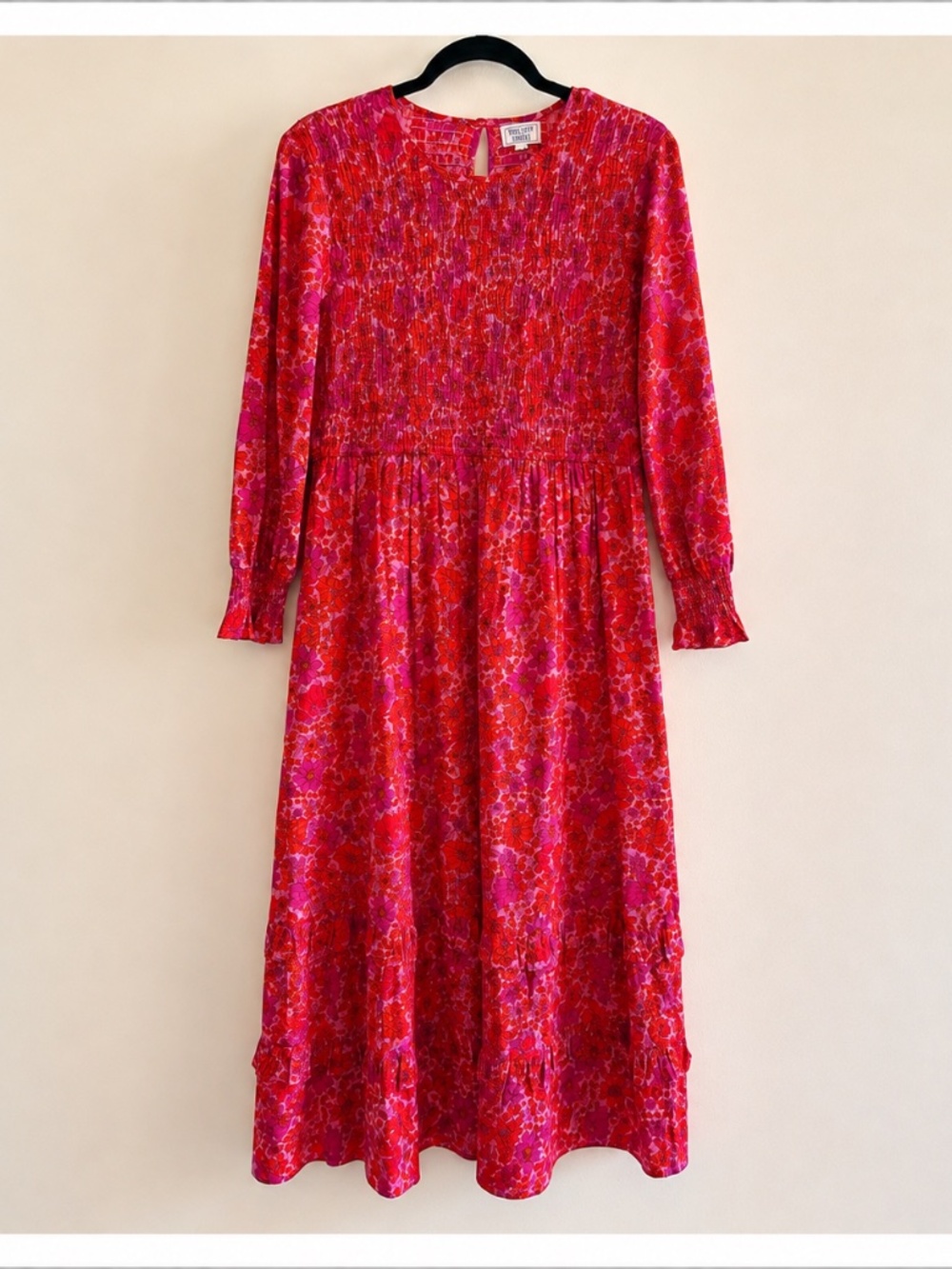 Pink City Prints Pink Red Floral Smocked Cotton Midi Dress Size L